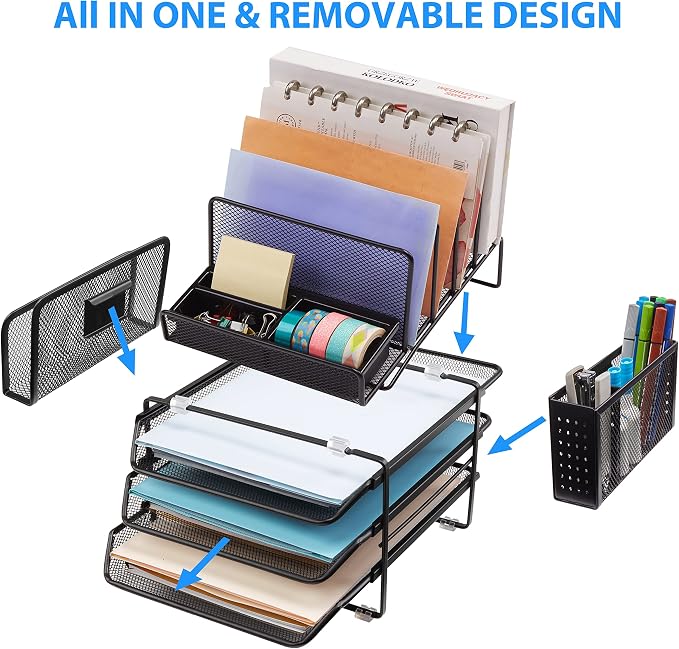 DESIGNA Stackable Mesh Desk Organizer with 3 Sliding Letter Tray Drawers, 4 File Holders Sorter Section, 2 Side Compartments, Pencil Holder Non-slip All In One Desktop Organizers Office Storage, Black
