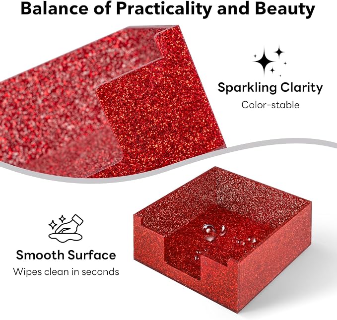 Red Sparkling Sticky Note Holder, Glitter Acrylic Organizer, 3.94 x 3.94 in Multi-Use Tray for Office, School & Home Desk