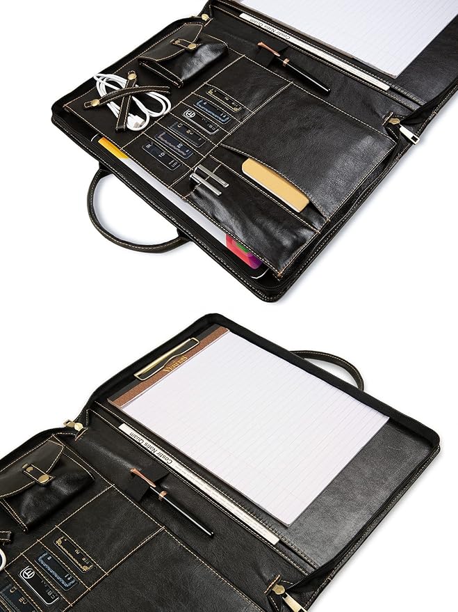 Oil Wax Leather Portfolio, Padfolio Organizer with Handle, Personalized Padfolio，Padfolio with Zipper for Men Women，Suitable for 15-inch Laptop Legal Pad Padfolio, Black