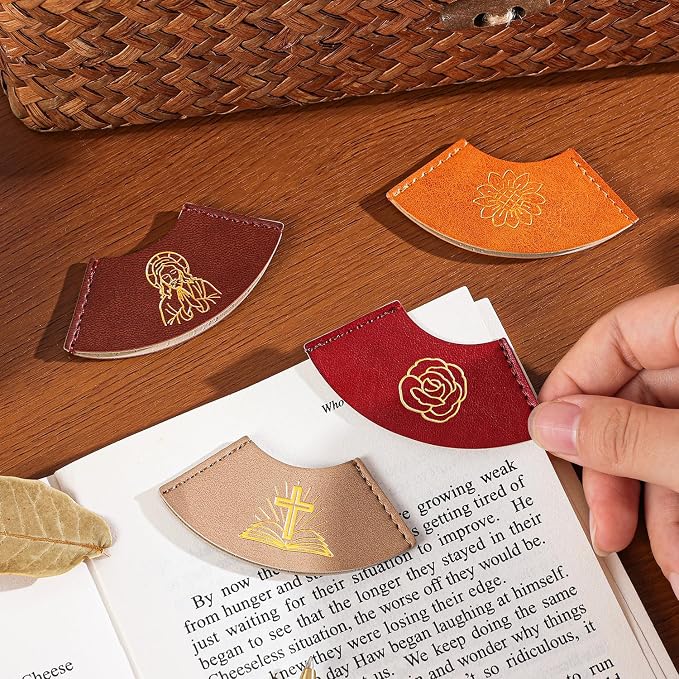 4 PCS Vintage Leather Bookmarks, Bible Bookmarks with Gold Stamping, Christian Book Mark Gift for Bible Study & Journaling, Cute Page Markers for Book Lovers Women Girls