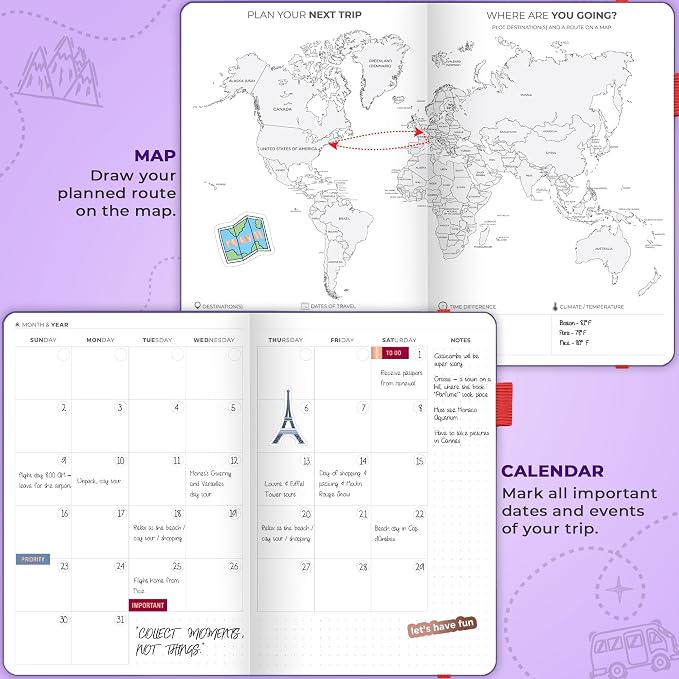 Clever Fox Travel Journal – Vacation & Trip Organizer with Budget Plan, Packing List, Travelling Expense Tracker, A5 (Purple)
