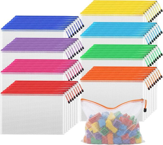 TKOOFN 72pcs Mesh Zipper Pouch Bags, A4 Letter Size Zipper Mesh Document Pouch, 13" x 9.5" Waterproof Mesh Bags for Board Games & Puzzles, Organizing Storage for School Office Supplies