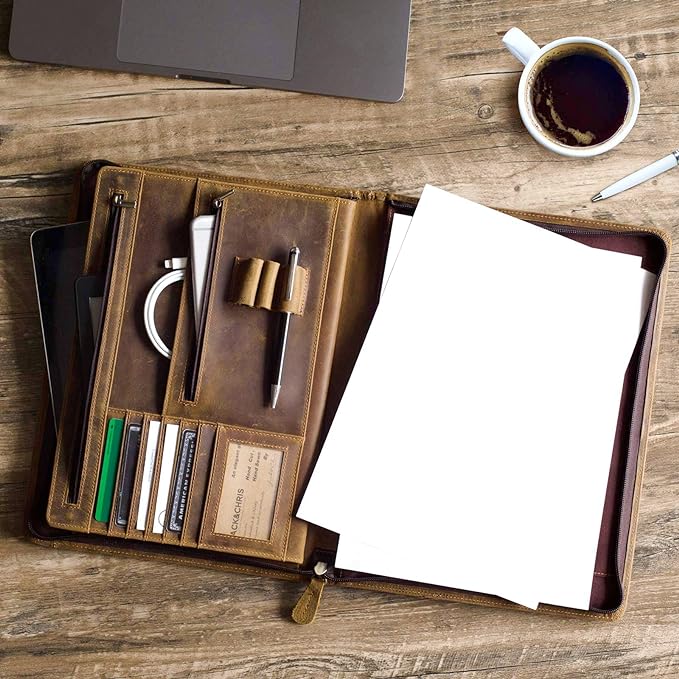 Ringsun Leather Portfolio Organizer with Zipper for Men Women, Leather Padfolio Business Resume Legal Pad Portfolio Notebook Binder for A4/Pad, Brown