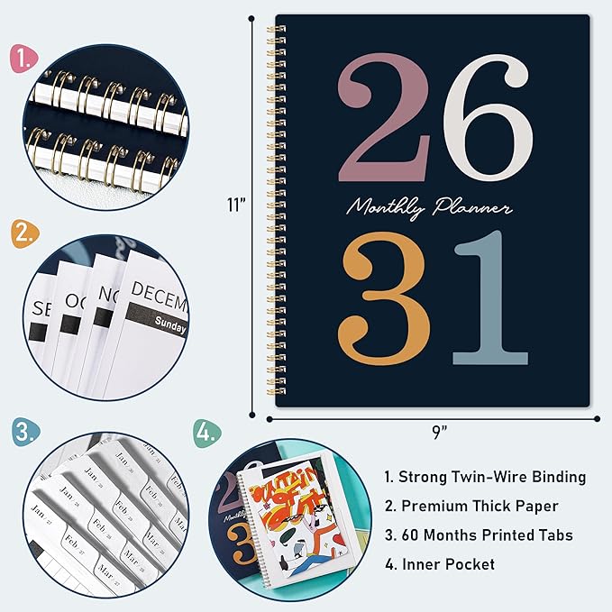 2026-2031 Monthly Planner - 5 Year Monthly Planner 2026-2031 from Jul. 2026 - Jun. 2031, 8.5" x 11", 60 Months Large 5 Year Planners with Tabs, Double-Side Pocket