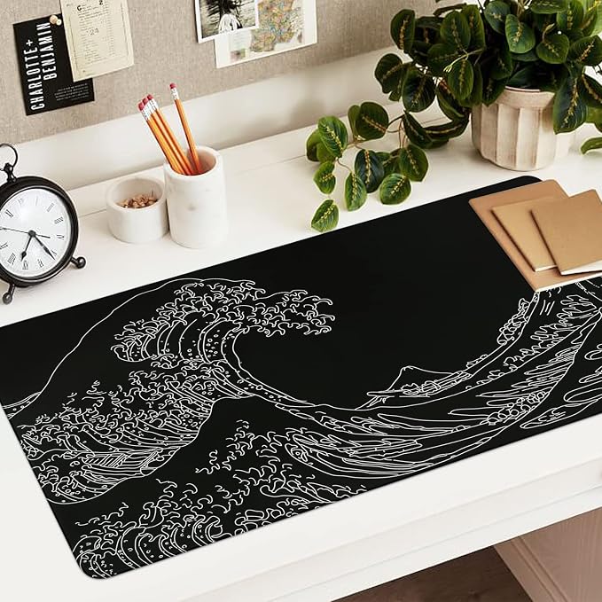 iCasso Mousepad, Gaming Mouse Pad, XXL Large Desk Mat, Big Rubber Base Mouse Mat with Stitched Edges, Computer Keyboard Desk Pad for Work, Game, Office, Home - Black Wave of Kanagawa