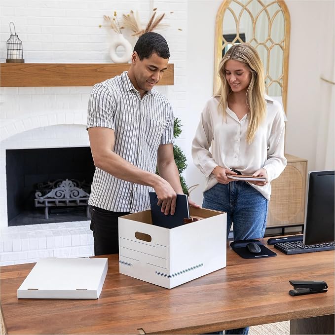 10 Pack White Corrugate Cardboard File Storage Box with Lids - Basic Duty, Stackable, Dust-Proof for Letter & Legal Size Documents, Home Office & Archive