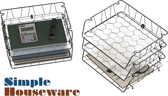 Simple Houseware Stackable Wide Entry Desk File Document Letter Tray with Liner, Wire Grid, 3 Packs, Black
