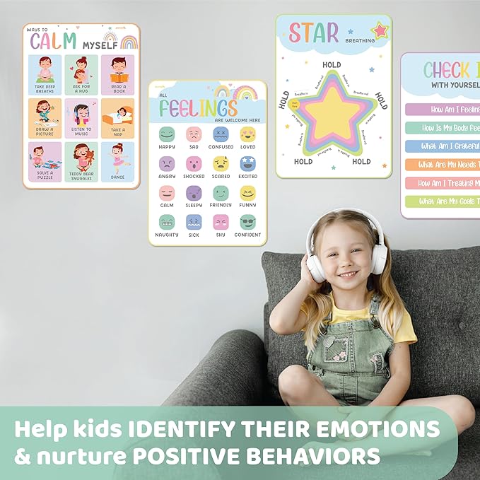 jackinthebox 12 Calming Corner Posters with Gold Foil Embedded Stars - 12 x 17 inches Laminated Classroom Decor Posters, Calm Down Corner Supplies, Emotions Charts for Kids