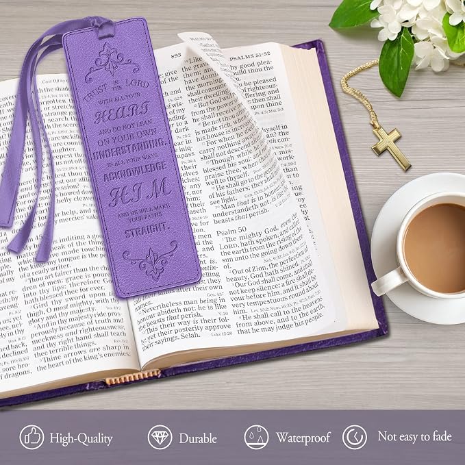 FINPAC Leather Bible Bookmarks, Vegan Religious Bookmarks, Bible Verse Book Markers Church Gifts for Women Men [Trust in The Lord with All Your Heart] - Violet
