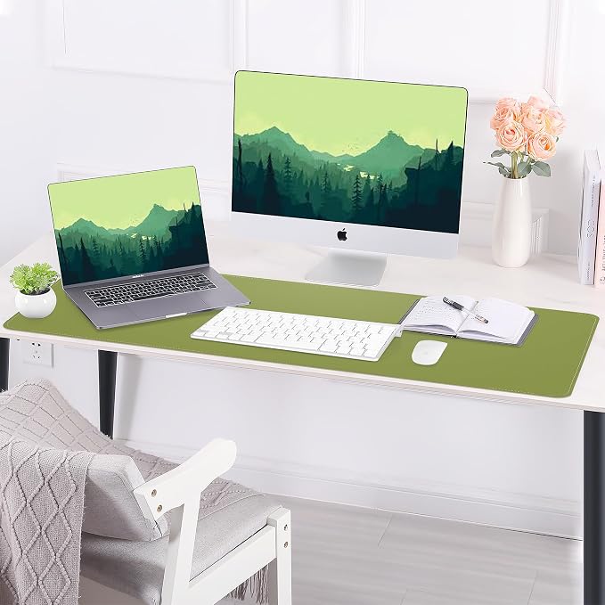 AFIING Cork Desk Mat 47" x 23.6", Dual-Sided Natural Cork & PU Leather Desk Pad, Non-Slip Waterproof Large Mouse Pad for Office, Home & Gaming (Olive Green)