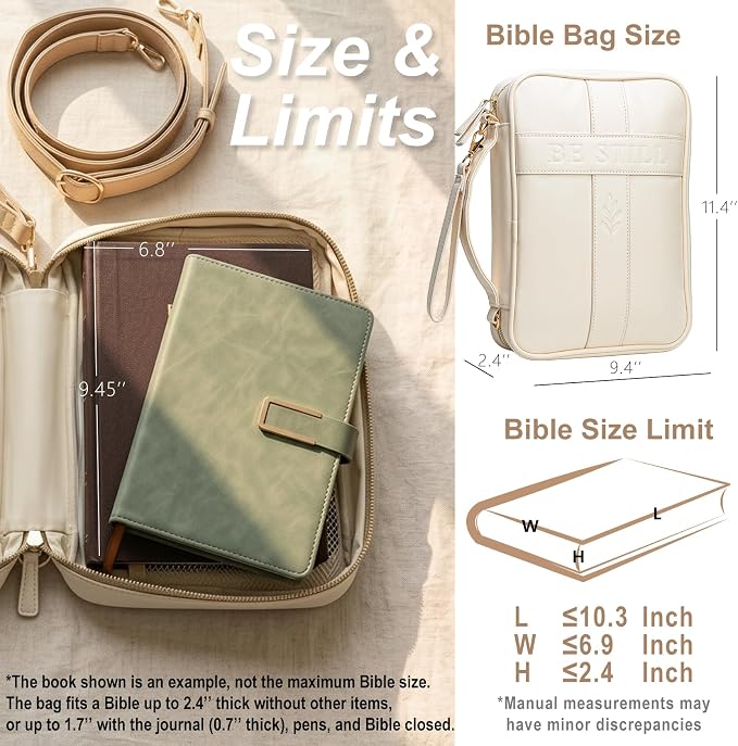 Bible Cover Case for Women, Vegan Leather Bible Carrying Case with Strap and Zipper, Bible Study Kit with Journal, Pens, Tabs and Sticky Notes, Large Bible Bag for Church, Ideal Gift (Beige)