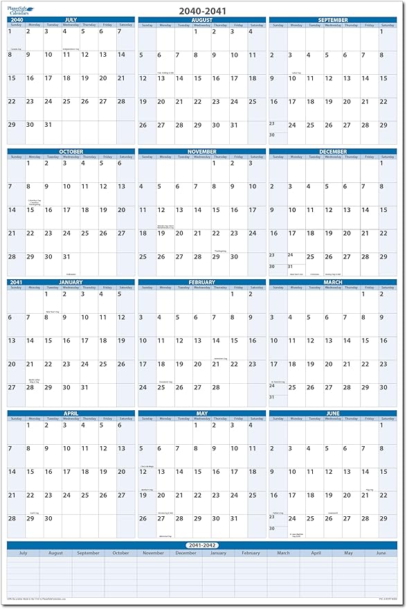 Fiscal/Academic Split Year July 2040 to June 2041 Vertical 12 Month Wall Calendar 36" x 24" - Dry & Wet Erasable with Next Year Planner Area. Complete with Fine tip Dry-erase Marker and Eraser