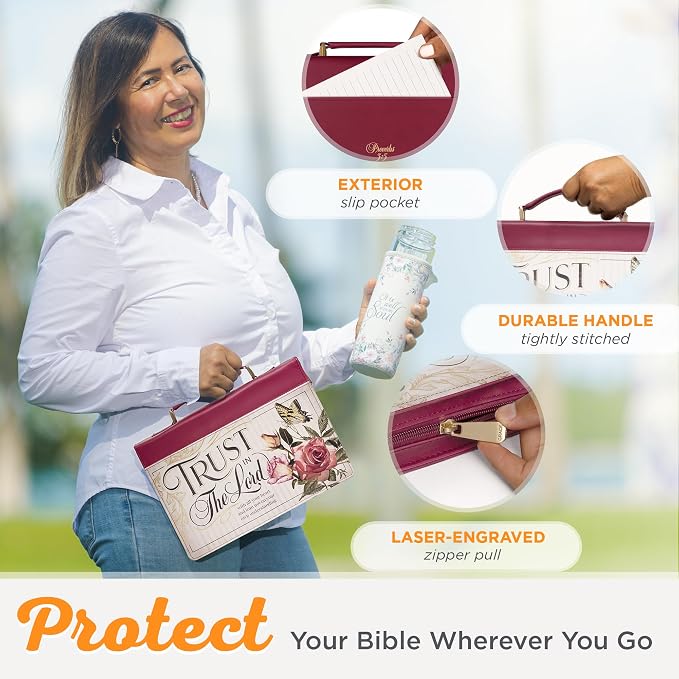 Christian Art Gifts Maroon Red Floral Fashion Bible Cover for Women: Trust in the Lord - Prov. 3:5 Inspirational Scripture Verse, Vintage Vegan Leather Book Carry Case Bag w/Stationery Storage, Medium