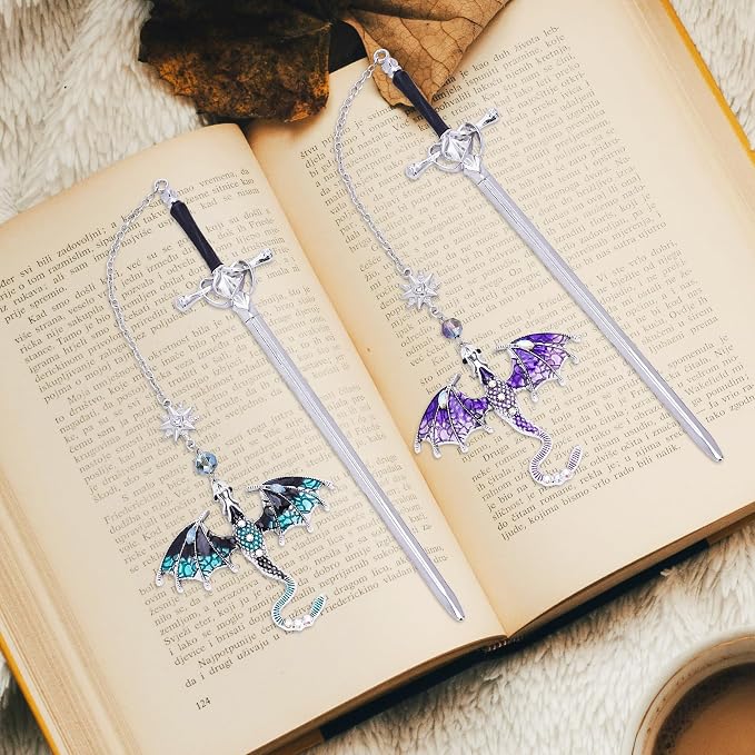 Fantasy Dragon Sword Bookmarks - 2 PCs Cool Metal Book Mark Gifts for Reading Blue Purple Page Maker Merch for Men Boys Kids Novel Fans Lovers Bookish Students Teachers School Accessories