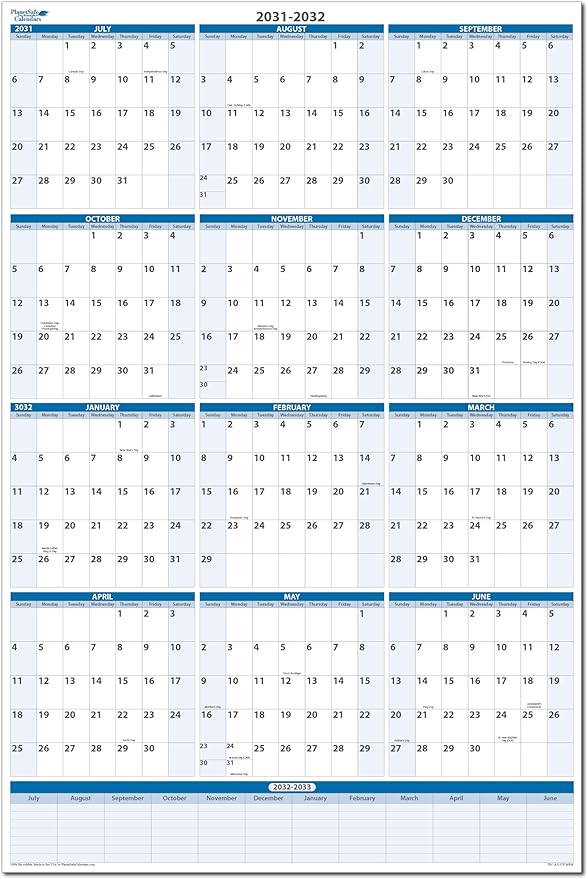 Fiscal/Academic Split Year July 2031 to June 2032 Vertical 12 Month Wall Calendar 36" x 24" - Dry & Wet Erasable with Next Year Planner Area. Complete with Fine tip Dry-erase Marker and Eraser