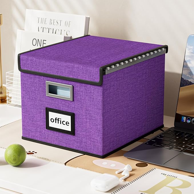 File Organizer Box with Lid, Collapsible File Folder Organizer for Office Document Storage, Filing Box with Plastic Slide for Letter Size Hanging File Folders(1 Pack, Purple)