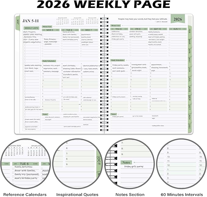 2026 Planner - 11.38'' x 8.74'', 2026 Weekly & Monthly Planner Notepad,Jan. 2026 - Dec. 2026, Appointment Book 2026, 60 Minutes Interval, Monthly Tabs, Sturdy Cardboard Cover, Spiral Bound - Black