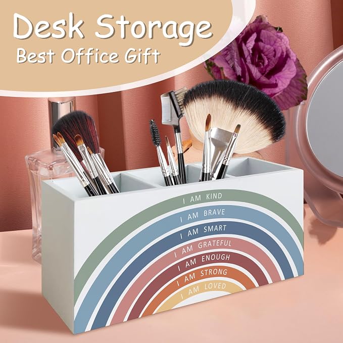 Boho Rainbow Teacher Classroom Decor Wooden Pen Pencil Holder for School Classroom Office Desk, Back to School Supplies for Teachers, Inspirational Teachers Gifts