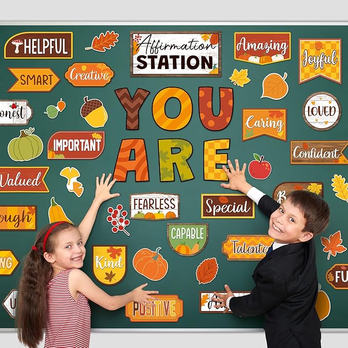 45 Pcs Fall Thanksgiving Affirmation Station Bulletin Board Set Autumn Motivational Posters Classroom Mirror Growth Mindset Decor Positive Accents Cutouts for School Office Home Teacher Wall