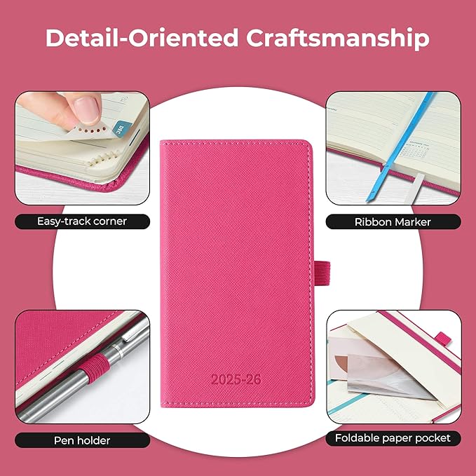 Weekly Monthly 2025-2026 Planner (July 25-Dec 26),6.5"x3.75",18 Months Agenda Plan with Month Tabs & Pocket,Expenses/Note Pages, Academic Calendar with Vegan Leather Cover,Rose Red