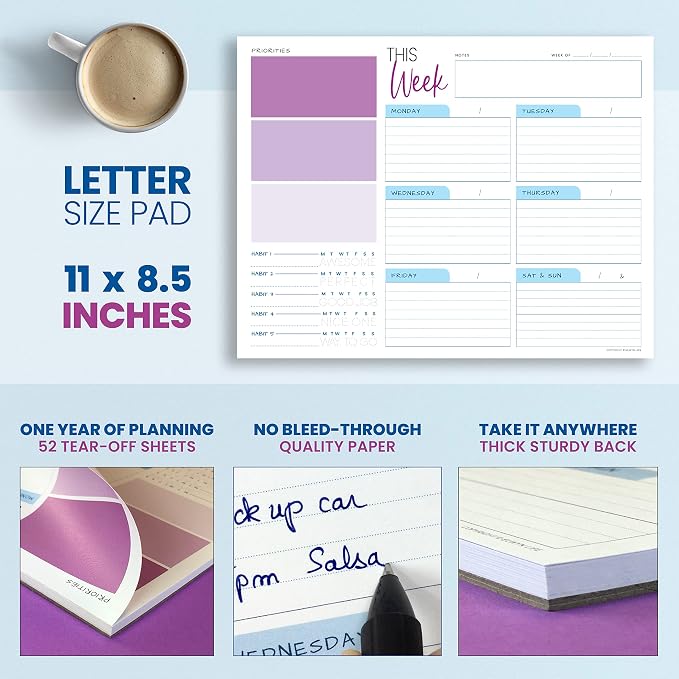 Weekly Planner Pad - Undated Planner - To Do List Notepad - Habit Tracker - 11 x 8.5" - 52 Tear-Off Sheets - Daily Planner Undated for Home Work Office Business - Goal Planner - Cute Planner (Purple)