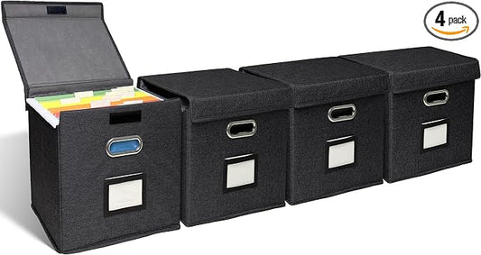 4 Pack Hanging File Folder Box with Lid, Durable Letter Size Filing Storage Box, Sturdy File Holder with Cardboard Support PVC Rails for Office Home Organizer, Black