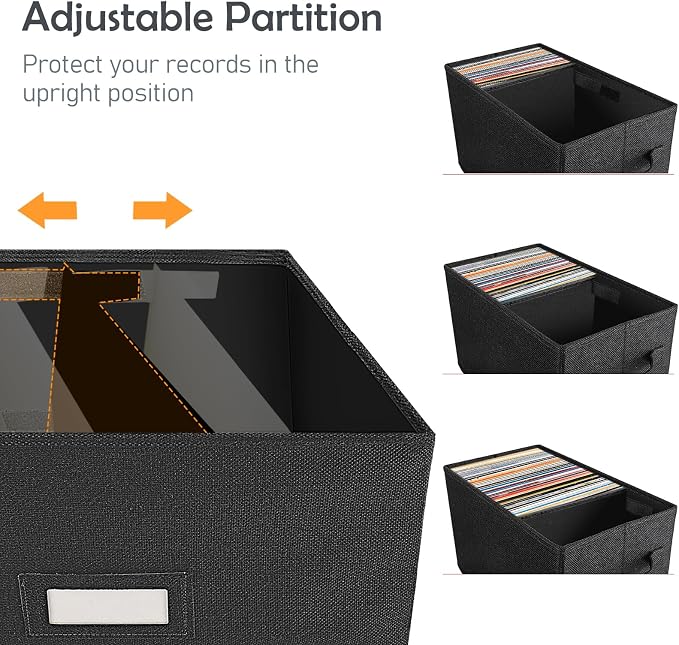 Woodoulogy Vinyl Record Storage Box Set of 2 - for 7"/45 RPM LPs, Black Case with Lid Holds up to 160 Albums, CD Crate Play Music Holder, File Folder Cabinet Organizer Case with Handle