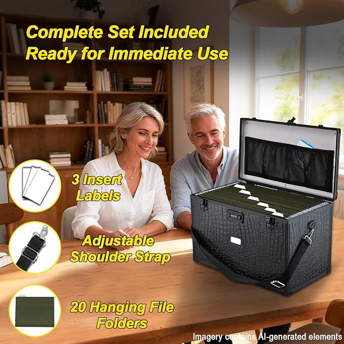File Storage Cabinet File Organizer Document Organizer File Box in Office and Home with Combination Lock with 20 Legal Size Hanging Files (Aligator Black)