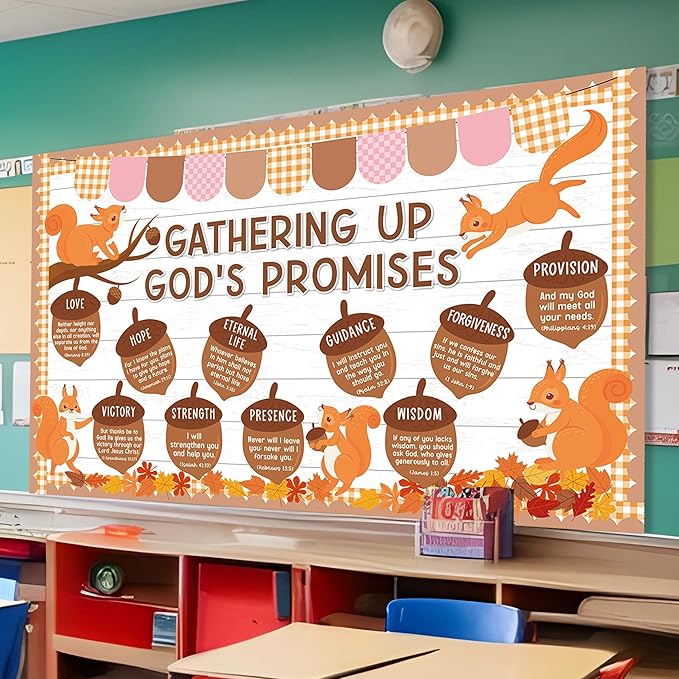 Bible Verse Bulletin Board Autumn Christian Classroom Decoration Gathering Up God's Promises Coutouts Retro Groovy Religuous for School Home Office Chalkboard Blackboard Wall Window Decor Supplies