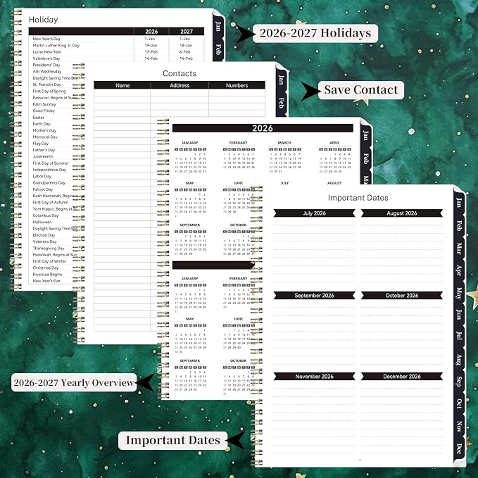2026-2027 Planner, 12 Months Monthly & Weekly Daily Planner July 2026 - June 2027, 8.5" x 6.2" Hardcover Agenda Organizer with Tabs, Spiral Bound Calendar Notebook for School Work Home, Floral Design (Green & Stars)