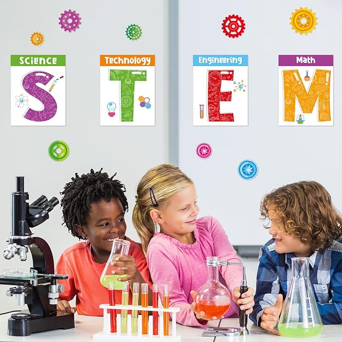 Zonon 40 Pcs Stem Science Bulletin Board Set Stem Classroom Decorations Scientist Posters Gear Shaped Cutouts Teachers Banner Wall Decor for Pre School Elementary Middle School Office Party Supplies