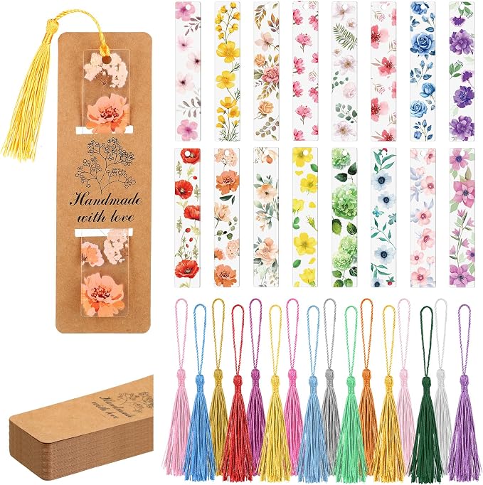 16 Set Flower Acrylic Bookmark Gifts for Women Clear Floral Bookmarks with Colored Tassels and Paper Sleeves Flower Page Marker Tassels Packaging for Teacher Writer Reader