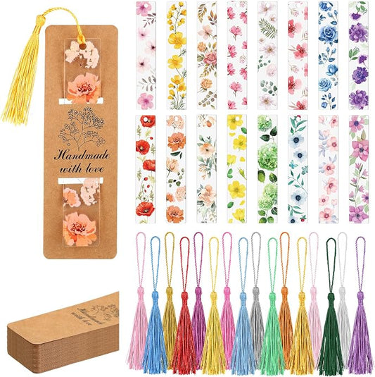 16 Set Flower Acrylic Bookmark Gifts for Women Clear Floral Bookmarks with Colored Tassels and Paper Sleeves Flower Page Marker Tassels Packaging for Teacher Writer Reader