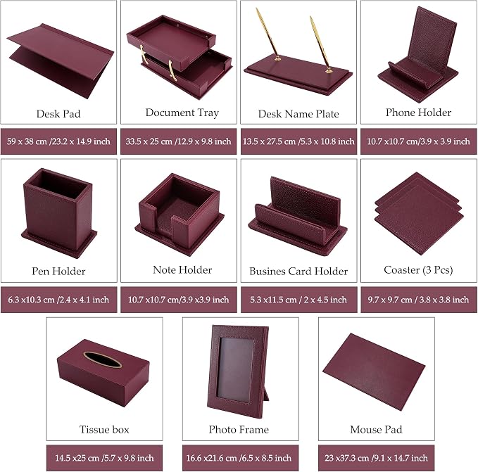 Leather Desk Set,15-Piece Desk Organizer Set, Executive Office Accessories with Desk Pad & Blotter, 2-Tier Tray, Pen Holder & More, Professional Office Desk Decor & Gift Set (Burgundy)