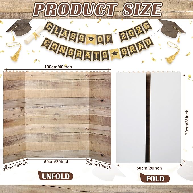 3 Pack Large Graduation Trifold Poster Board 40 x 28 Inch Wood Grain Photo Display Board Rustic Vintage Corrugated Project Boards for 2026 Grad Party Decoration Picture Collage Supply