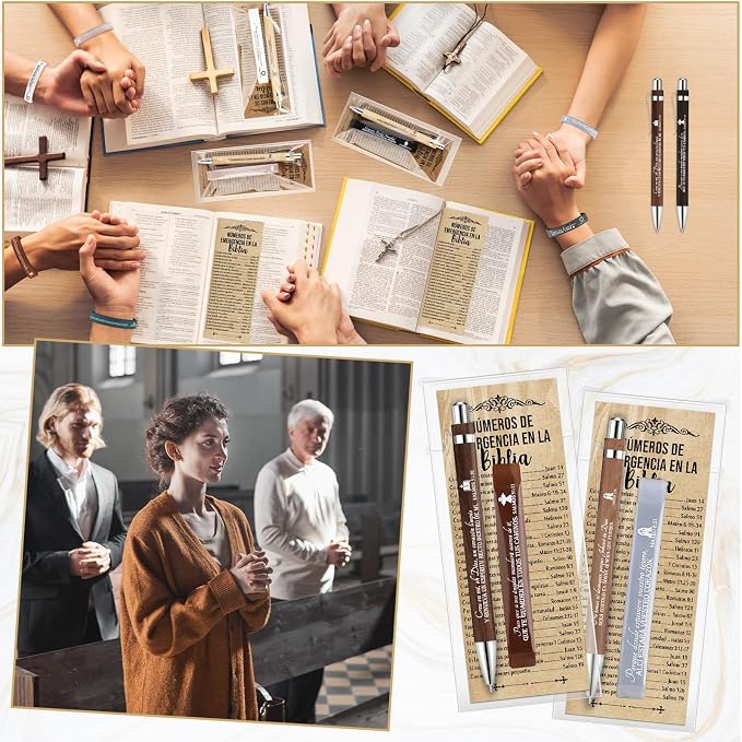 Feifeiya 75 Pcs Fathers Day Christian Gifts Bulk Christian Church Gifts with Bible Verse Pen Religious Silicone Wristband Bookmark for Mom Pastor Teacher Coworker Nurse(Mix Color,Spanish Style)