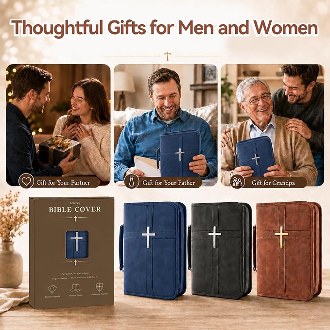 Bible Cover for Men and Women, PU Leather Large Bible Bag with Handle & Shoulder Strap, Bible Carrying Case with Cross Design and Pockets for Church, Bible Study & Christian Gifts, Blue