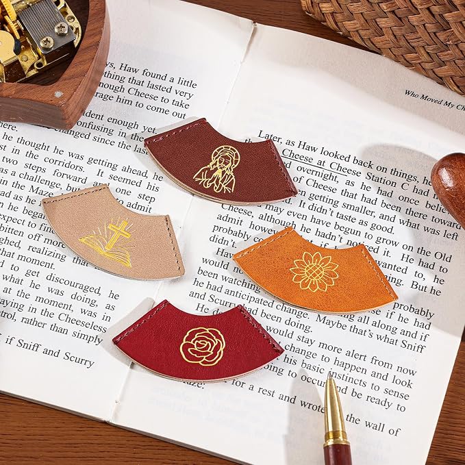 4 PCS Vintage Leather Bookmarks, Bible Bookmarks with Gold Stamping, Christian Book Mark Gift for Bible Study & Journaling, Cute Page Markers for Book Lovers Women Girls