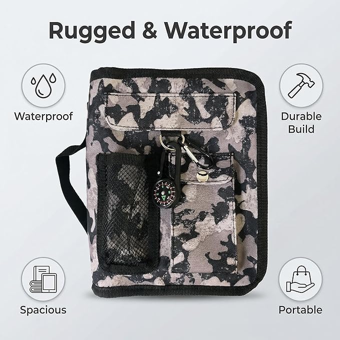 Bible Cover Case for Men Women Grey Camo Medium Book Bible Cover with Durable Handle Quilted Carrying Case Prayer Church Scripture Tote Bible Case Scout Book Cover with Compass Carabiner Camouflage