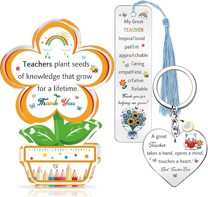Teacher Gifts for Teachers Day Appreciate Presents Birthday Flower Shaped Signs Bookmark Keychain 3PC Set Graduation Christmas Keepsakes Acrylic Keyring Thank You Plaque Women Men Retirement (Blue)
