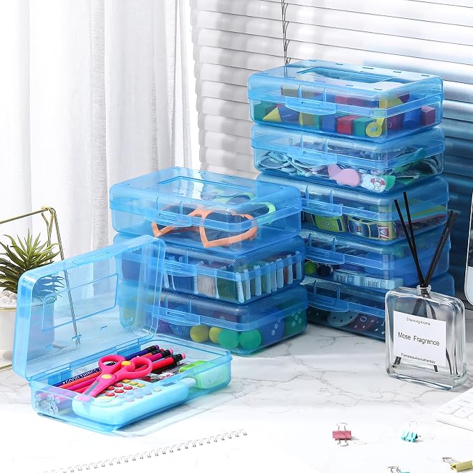 Leelosp 12 Pack Clear Pencil Boxes for School Bulk, Large Plastic Pencil Case with Lid, Stackable Hard Crayon Storage Box for Classroom Kids, Desk Drawer Organizer for Office Home(Blue)