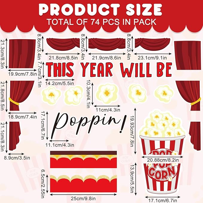 JarThenaAMCS 74 Pcs Popcorn Bulletin Board for Classroom Decorations DIY Crafts Movie Themed Paper Cutouts for Students Wall Popcorn Party Supplies Back to School Decor
