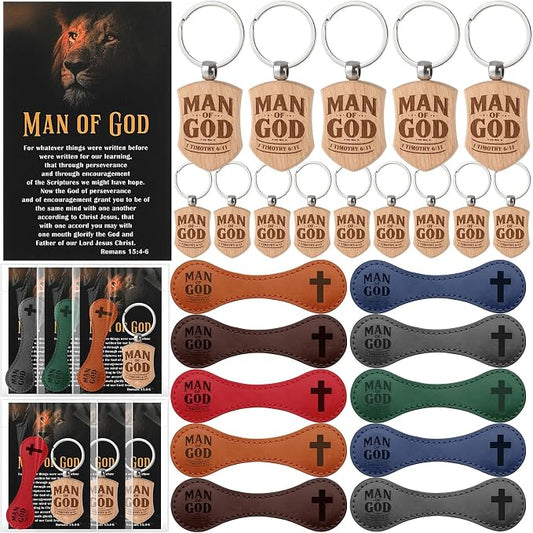 AmazingSpark 20 Sets Man of God Christian Gifts for Father's Day, Church Keychains Religious Magnetic Bookmarkers with Bible Verse Card Happy Father's Day Gifts for Father Priest Ministry (Modern)