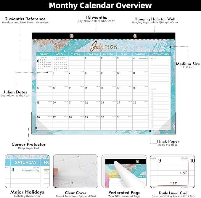 Tcamp Desk Calendar 2026-2027, Large Desktop/Wall Monthly Calendar (Jul. 2026 - Dec. 2027) 17'' x 12'', 18 Months Desk Pad Calendar for Home School Office