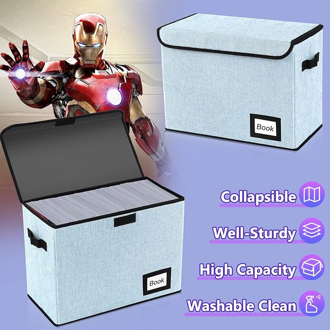 2 Pack Comic Book Storage Box, Comic Protector Organizer, 15.8" X 7.8" X 11.8", Collapsible Comic Short Box, Holds 160-180 Comic Book Container Holder Shelf Bin (Blue)