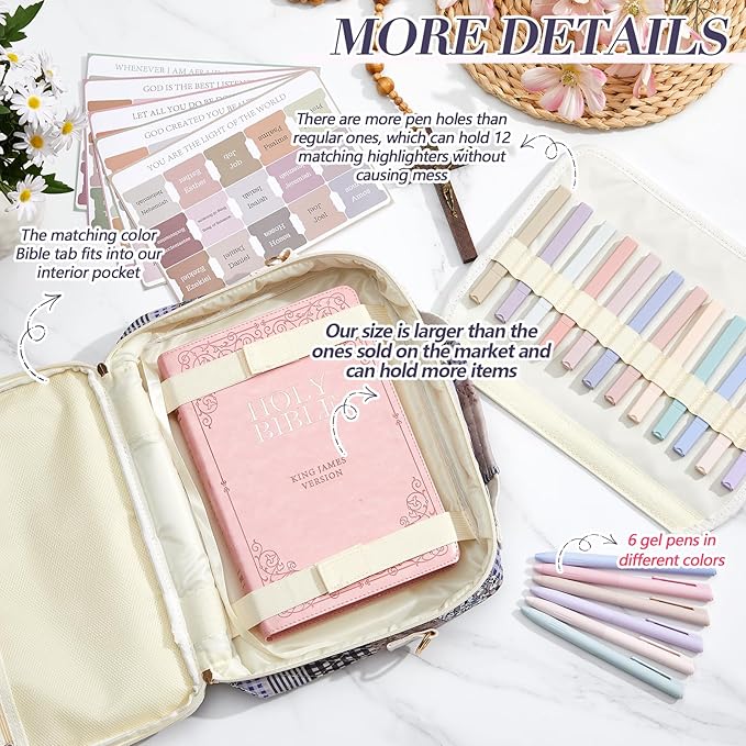 Sinload Quilted Bible Cover Case for Women 12 x 9 x 2.5 Inch Bible Chenille Letter Bag with Shoulder Strap Carrying Tabs 6 Colored Pens 12 Highlighters Christian Church Study Gifts(Dark,Splicing)