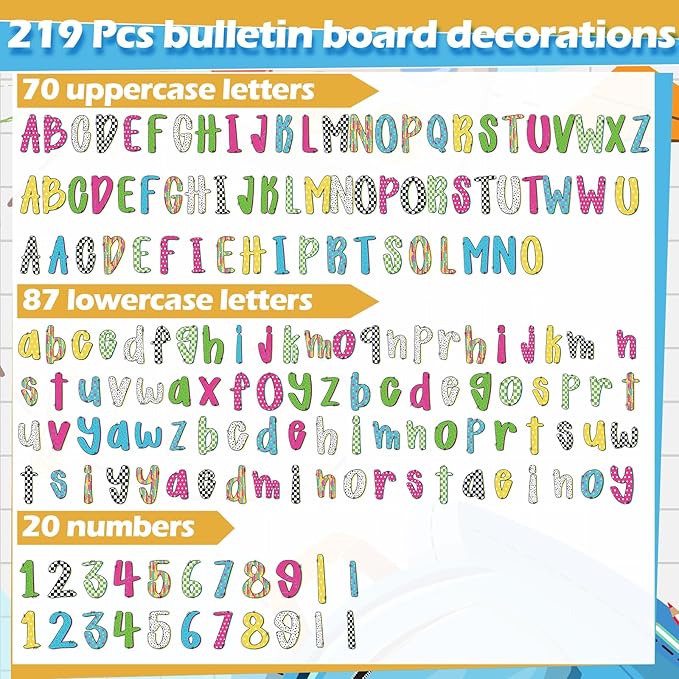 Gueevin 219 Pcs Bulletin Board Letters Set Large 4 Inch Doodle Alphabet Cutout Letter Bow Cut Out Letters Alphabet Numbers Cutouts for Classroom Back to School Party Supplies Photo Booth Props
