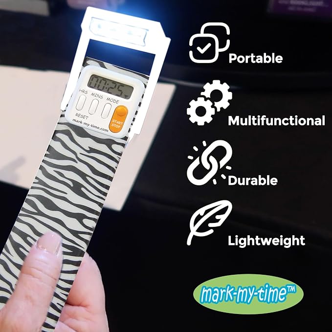 Mark-My-Time LED Book Light with Digital Bookmark and Reading Timer - Fun Reading Anywhere - Zebra