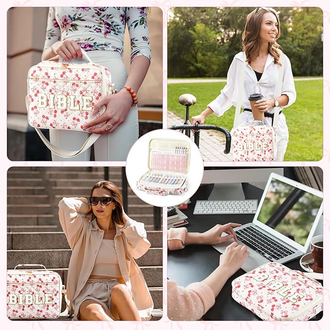 Sinload Quilted Bible Cover Case for Women 12 x 9 x 2.5 Inch Bible Chenille Letter Bag with Shoulder Strap Carrying Tabs 6 Colored Pens 12 Highlighters Christian Church Study Gifts(Pink,Cherry Bow,)