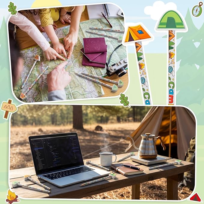 32 Pcs Camp Pencil with Eraser Summer Camping Party Favors Camping Stationery Supplies for School Classroom Exchange Gift Reward Prizes Adventure Vbs Party Supplies